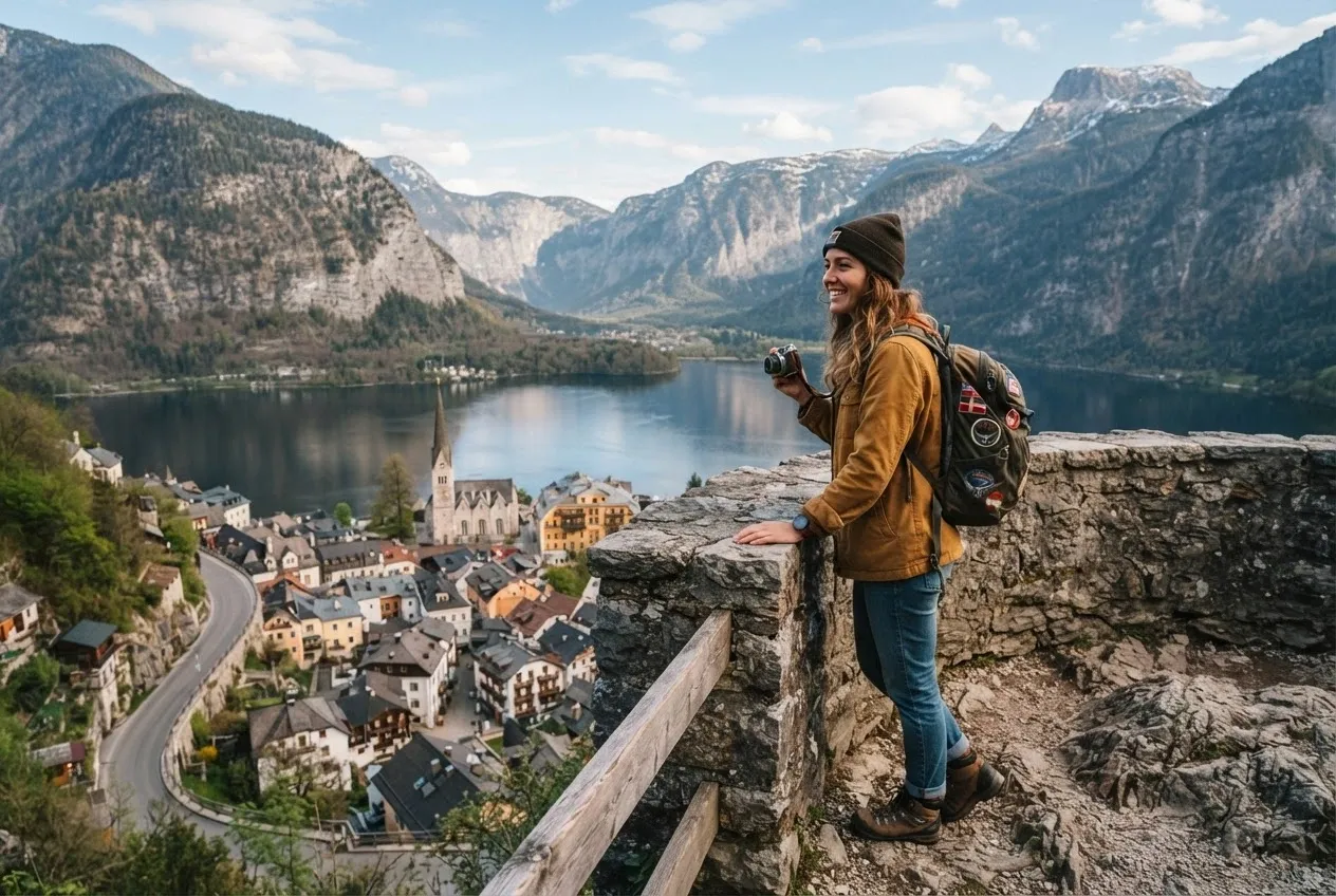 Traveller with sketchbook overlooking a European landscape