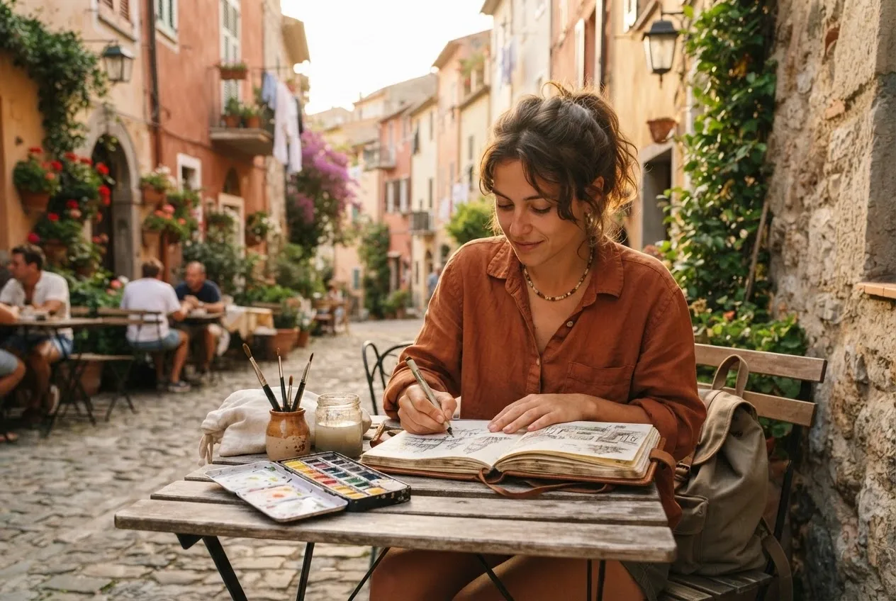 Artist sketching at a European café