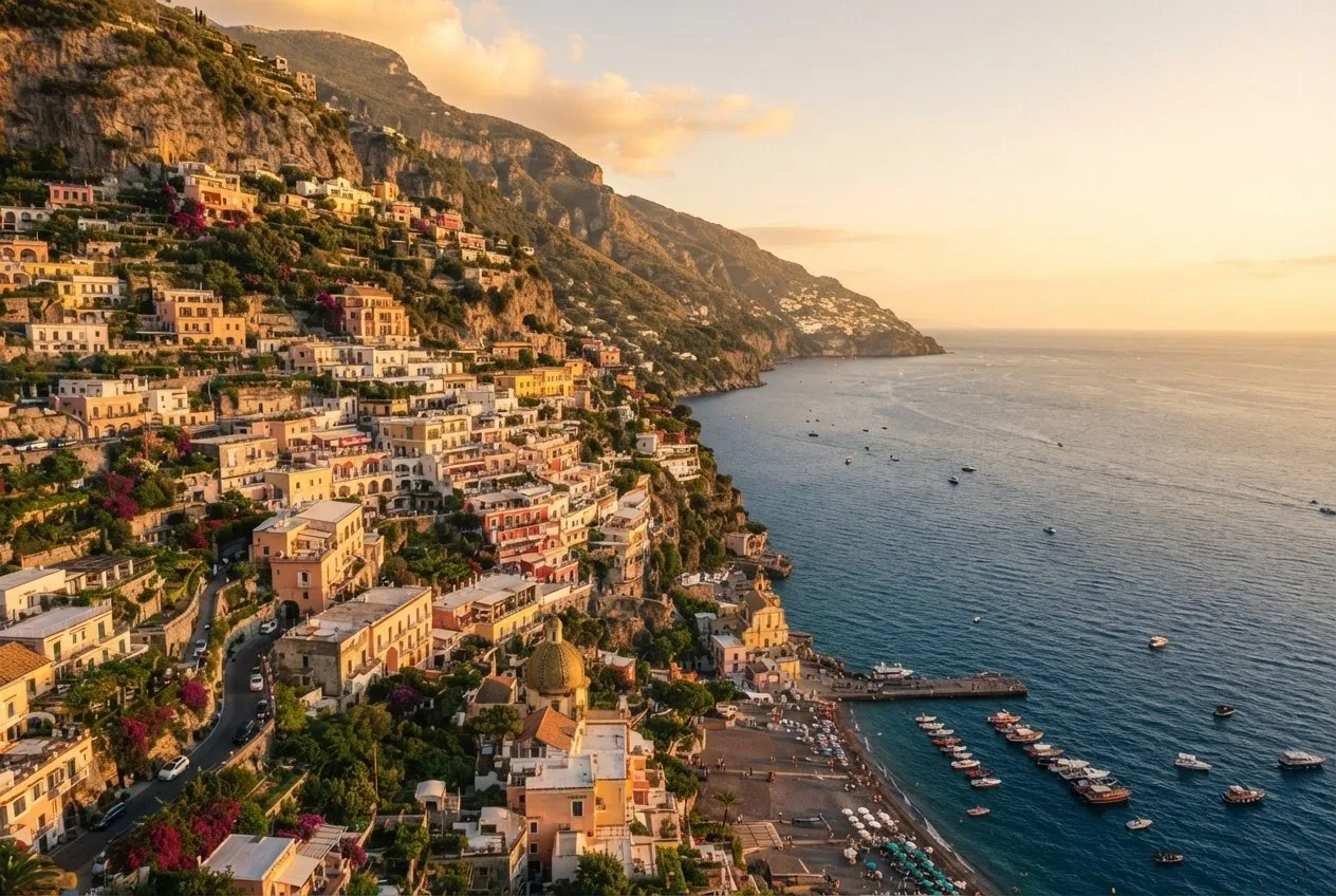 Amalfi Coast dramatic cliffside village cascading to the Mediterranean at golden hour