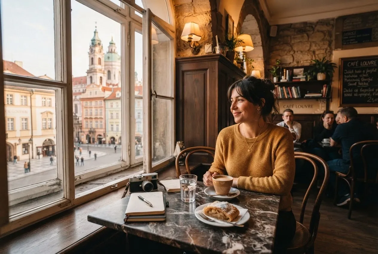 Cosy Prague café with baroque architecture visible through the window