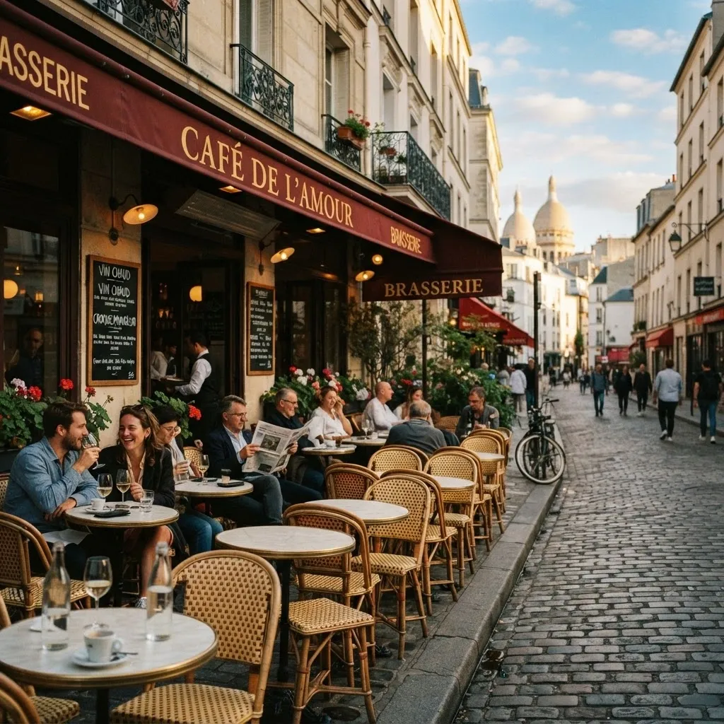 Parisian sidewalk cafe with bistro chairs on a cobblestone street