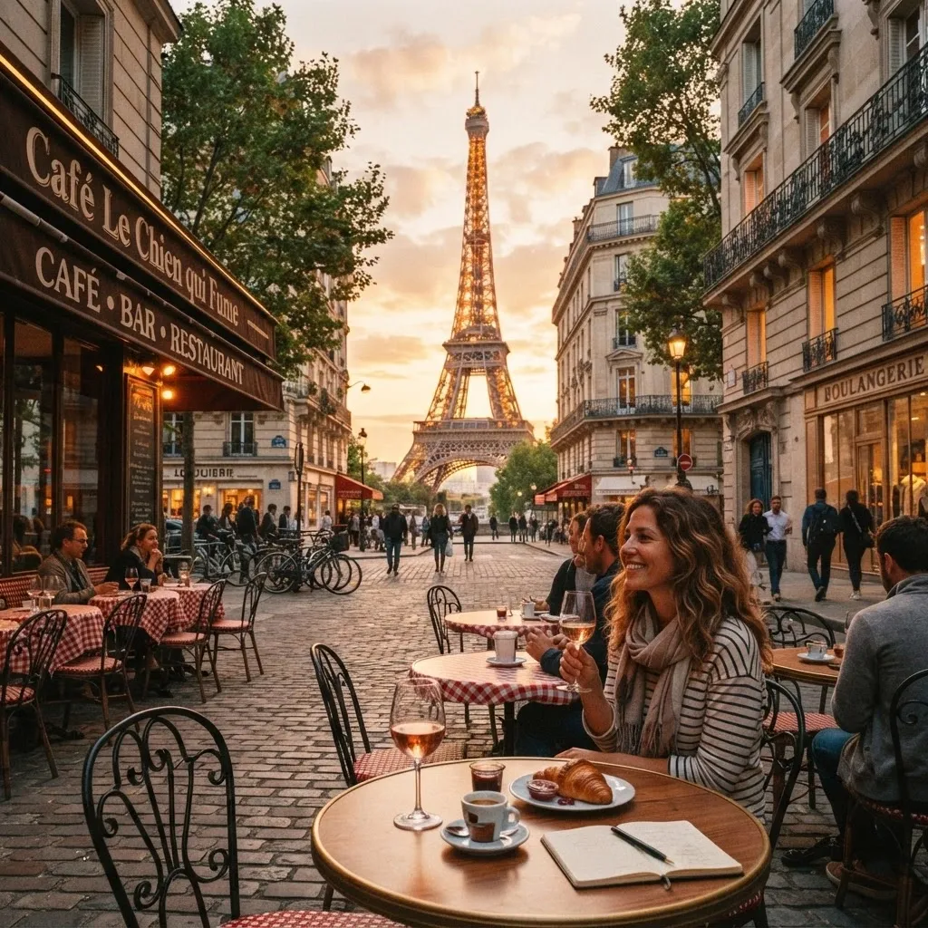 Paris Eiffel Tower from a cafe terrace at golden hour