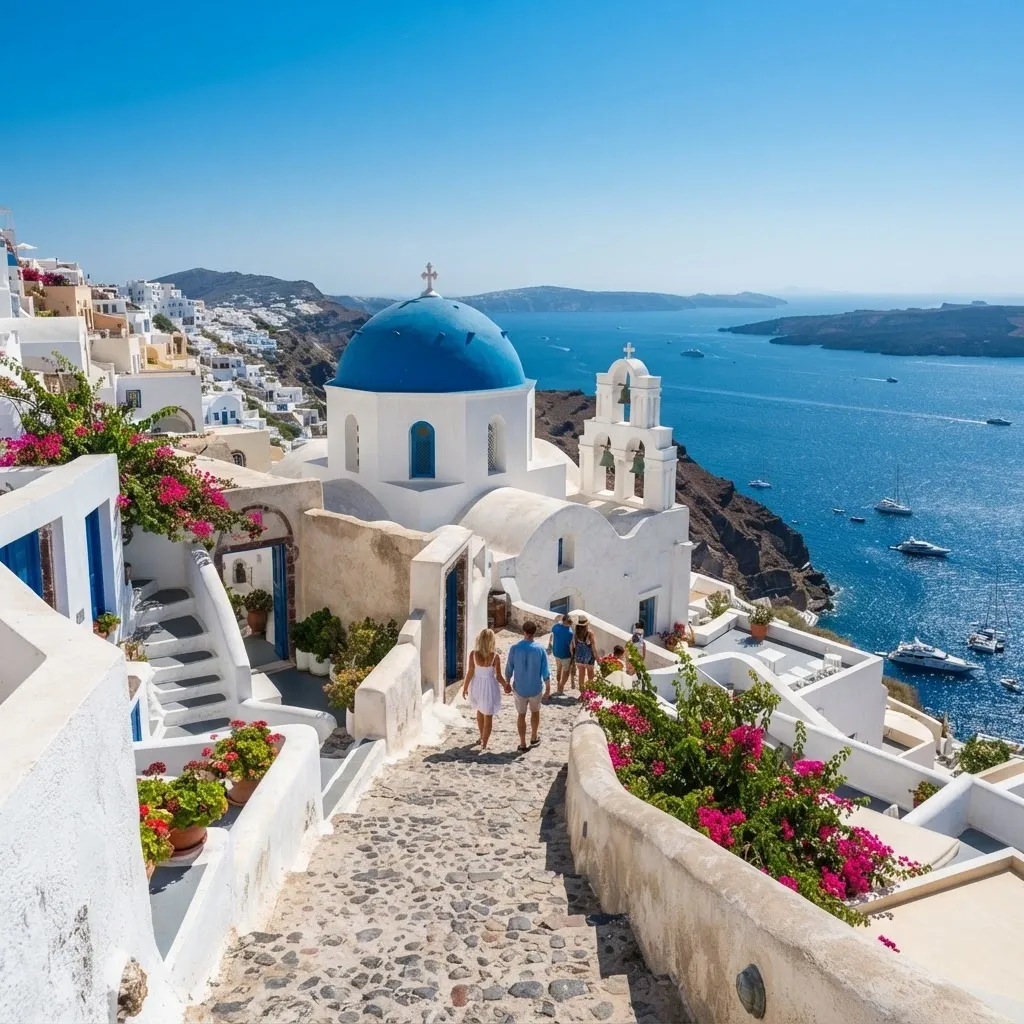 Santorini white buildings and blue domes
