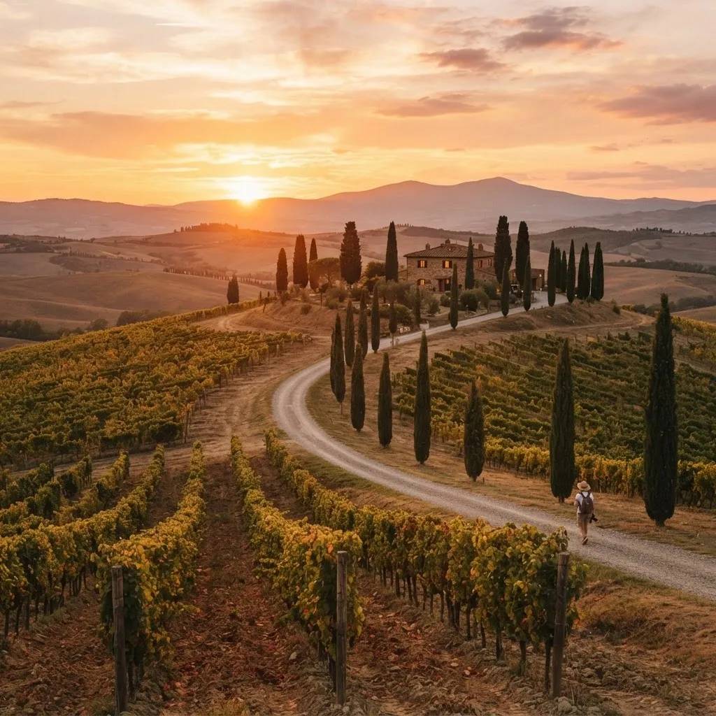 Tuscan vineyard rolling hills at sunset with cypress trees
