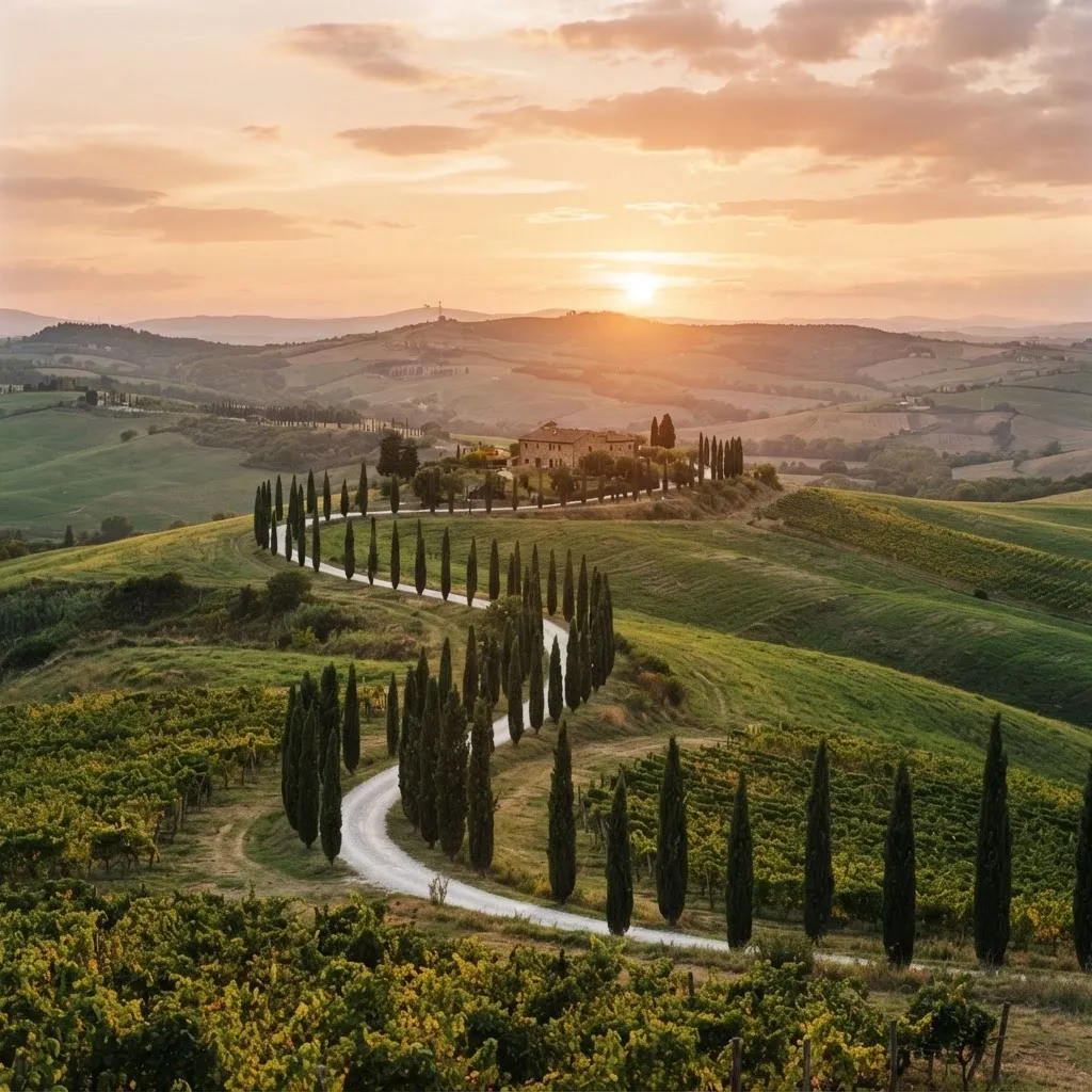 Tuscany rolling hills with cypress trees at sunset