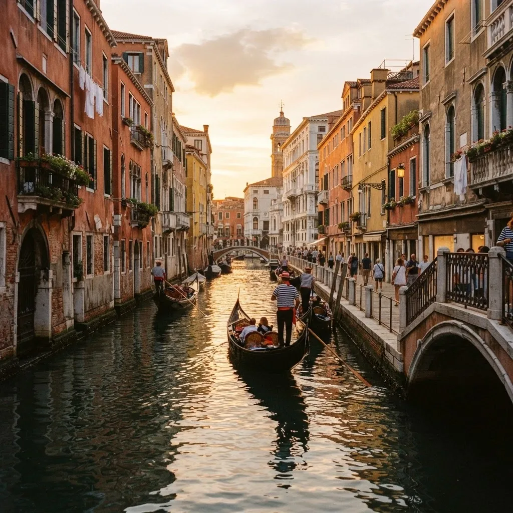 Venice canal with gondolas and golden reflections